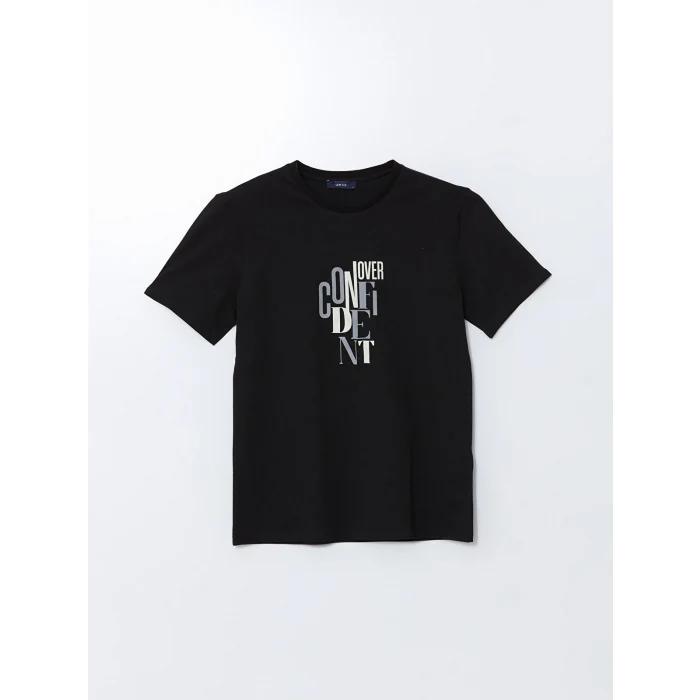 LCW ECO Siyah Bisiklet Yaka Kısa Kollu Baskılı Penye Erkek Tişört