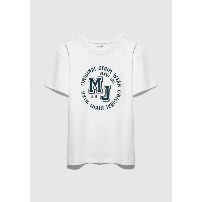 Mavi 6610395-70057 MJ Logo Baskılı Ekru Tişört