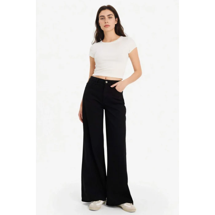 Defacto E4381AXBK81 Siyah %100 Pamuk Wıde Leg Normal Bel Gabardin Pantolon