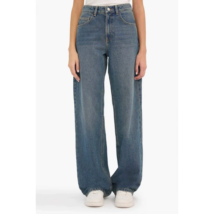 Defacto F9585AXNM28 Mavi %100 Pamuk Straıght Wıde Yüksek Bel Geniş Paça Jean Kar Yıkamalı Pantolon