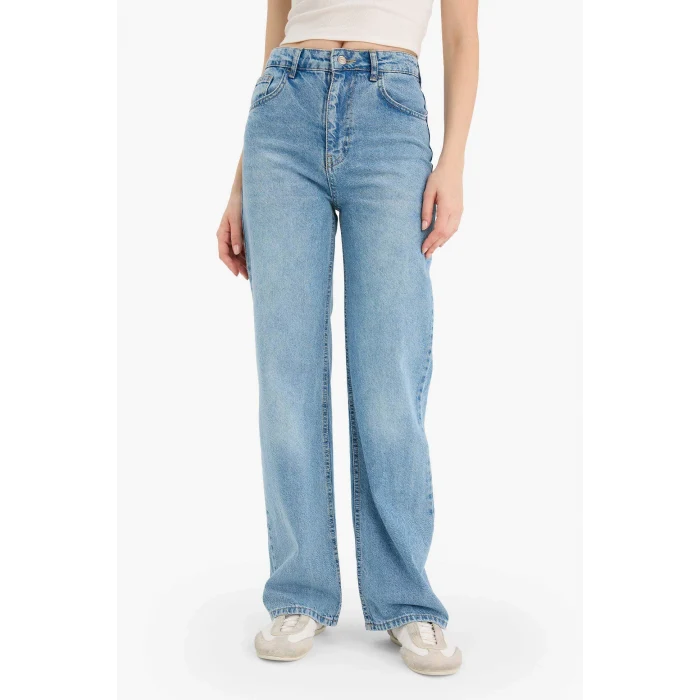 Defacto E4269AXNM39 Mavi %100 Pamuk 90s Wıde Leg Yüksek Bel Uzun Jean Pantolon