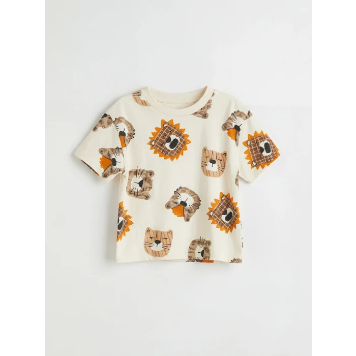 LCW baby Ekru Bisiklet Yaka Hayvan Baskılı Erkek Bebek Tişört ve Pantolon