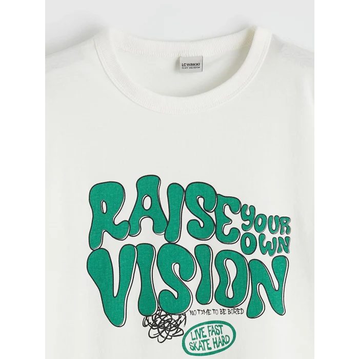 LCW Kids Ekru Bisiklet Yaka Baskılı Erkek Çocuk Tişört