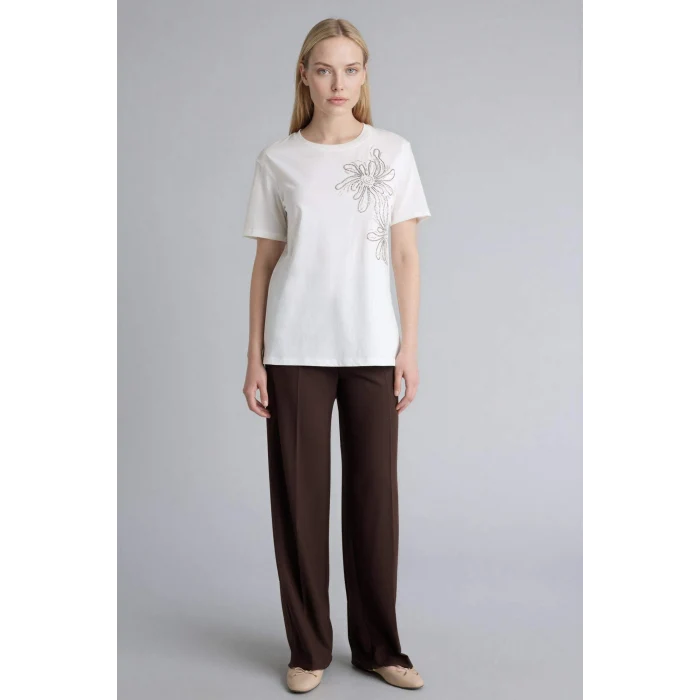 Defacto F6479AXER105 Ekru Regular Fıt Bisiklet Yaka Nakış Baskı Baskılı Penye Kısa Kollu Tişört