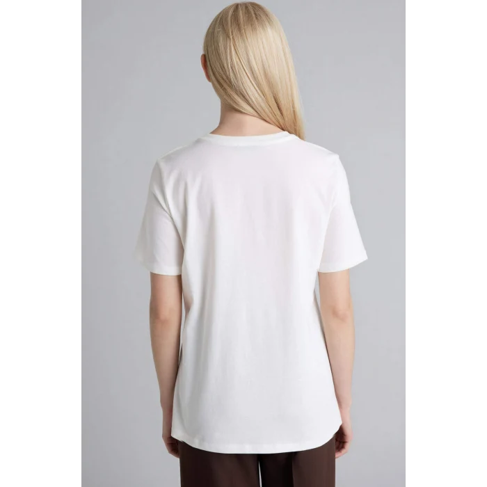 Defacto F6479AXER105 Ekru Regular Fıt Bisiklet Yaka Nakış Baskı Baskılı Penye Kısa Kollu Tişört