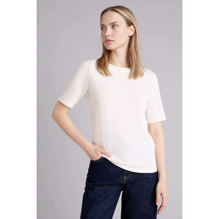 Defacto G9270AXER105 Ekru Regular Fıt Kayık Yaka Ribana Tişört