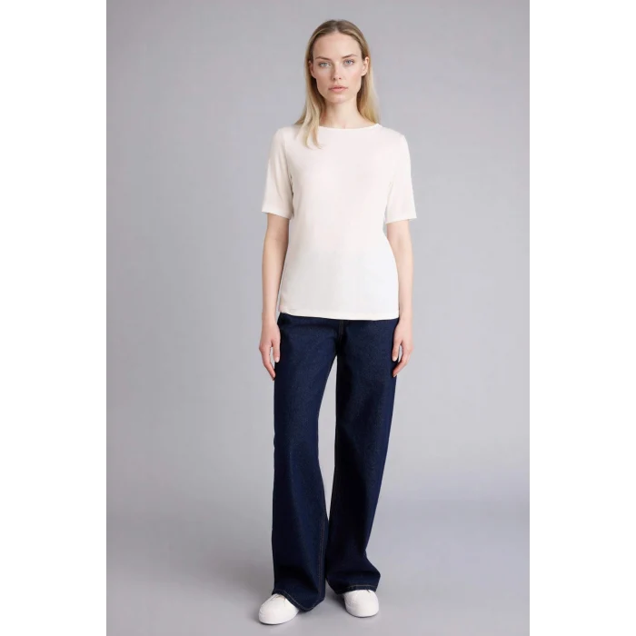 Defacto G9270AXER105 Ekru Regular Fıt Kayık Yaka Ribana Tişört