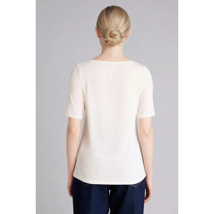 Defacto G9270AXER105 Ekru Regular Fıt Kayık Yaka Ribana Tişört