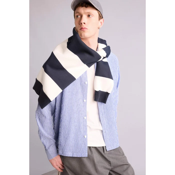 Defacto H2290AXIN272 İndigo Boxy Fıt Gömlek Yaka Krinkıl Uzun Kollu Gömlek