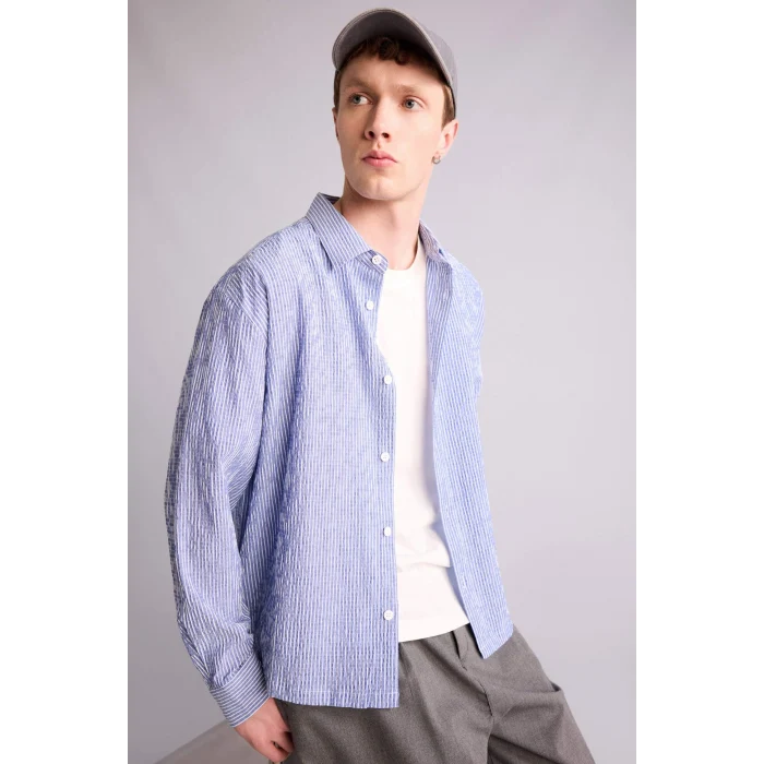 Defacto H2290AXIN272 İndigo Boxy Fıt Gömlek Yaka Krinkıl Uzun Kollu Gömlek