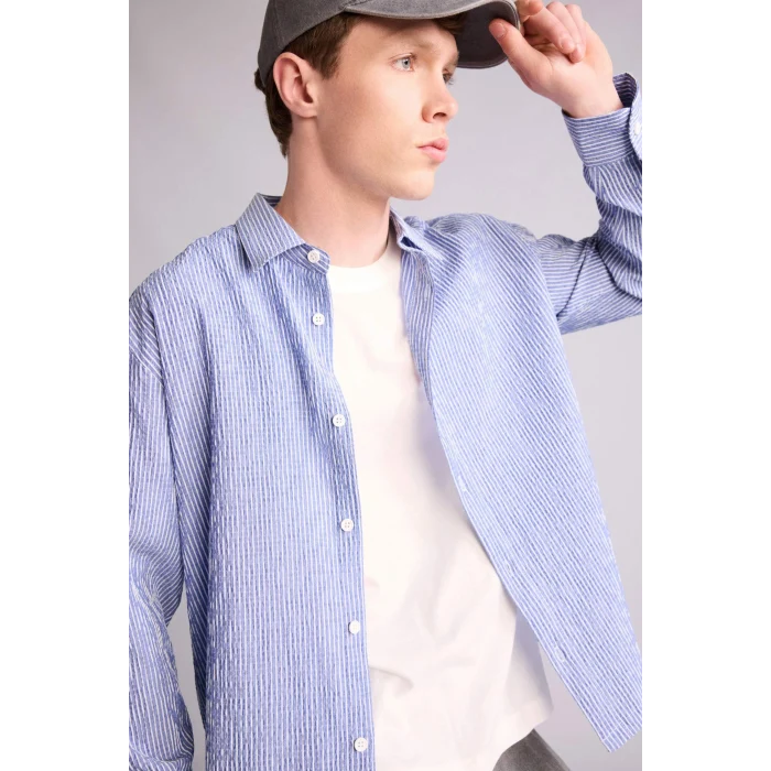 Defacto H2290AXIN272 İndigo Boxy Fıt Gömlek Yaka Krinkıl Uzun Kollu Gömlek