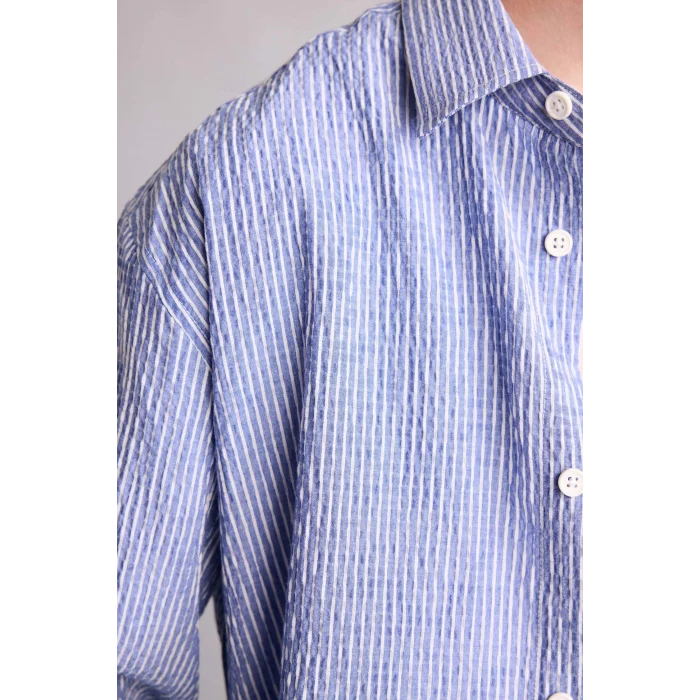 Defacto H2290AXIN272 İndigo Boxy Fıt Gömlek Yaka Krinkıl Uzun Kollu Gömlek