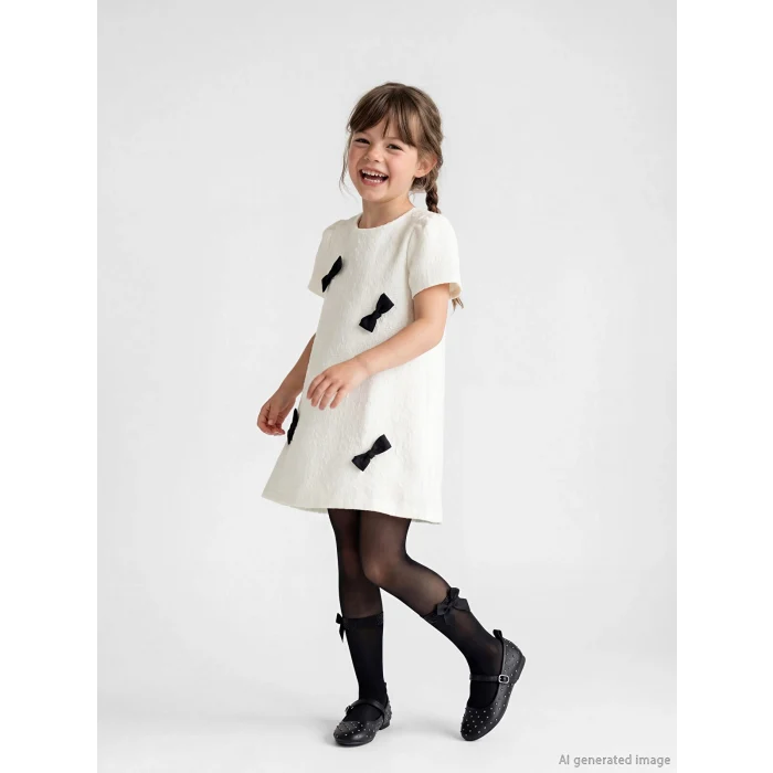 LCW Kids Ekru Bisiklet Yaka Fiyonklu Kız Çocuk Tüvit Elbise