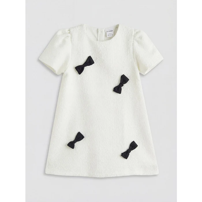 LCW Kids Ekru Bisiklet Yaka Fiyonklu Kız Çocuk Tüvit Elbise