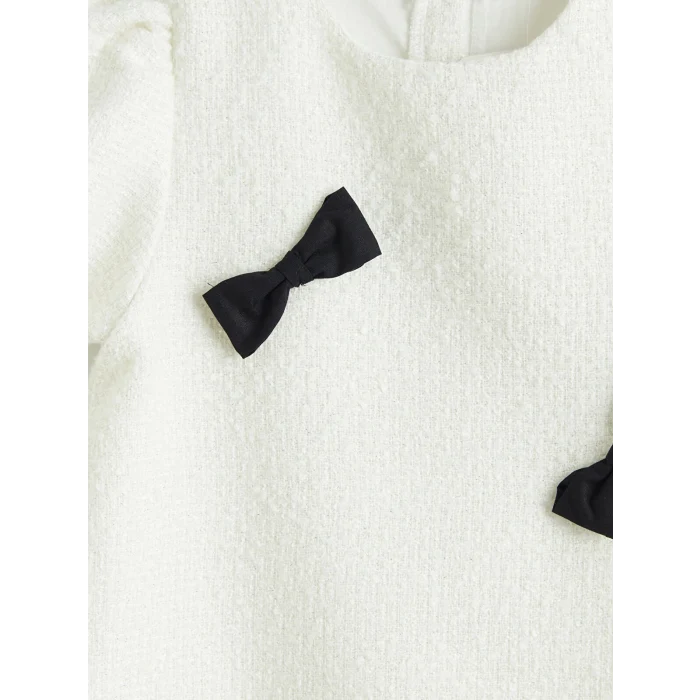 LCW Kids Ekru Bisiklet Yaka Fiyonklu Kız Çocuk Tüvit Elbise