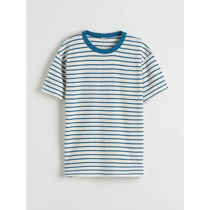 LCW Kids Lacivert Bisiklet Yaka Çizgili Erkek Çocuk Tişört