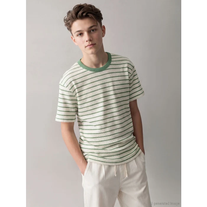 LCW Kids Yeşil Bisiklet Yaka Çizgili Erkek Çocuk Tişört