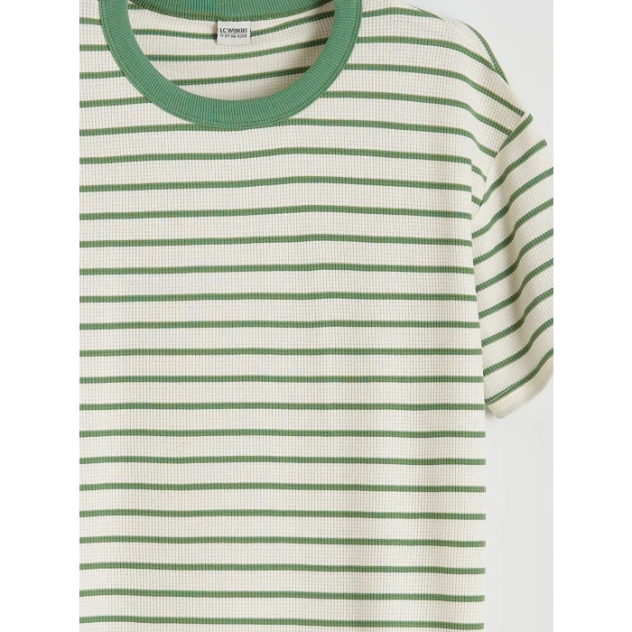 LCW Kids Yeşil Bisiklet Yaka Çizgili Erkek Çocuk Tişört