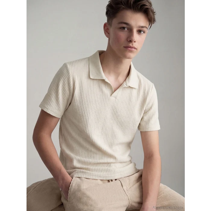 LCW Kids Bej Polo Yaka Dokulu Erkek Çocuk Tişört