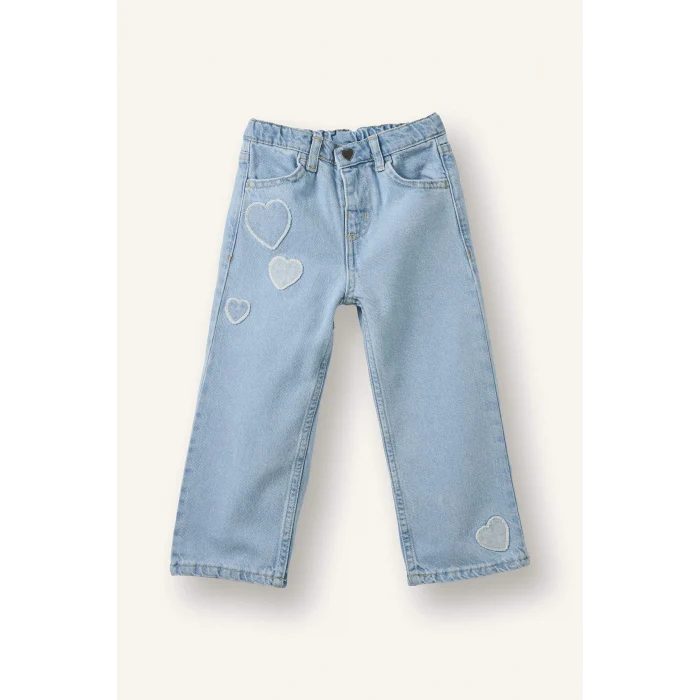 Defacto H0368A5NM39 Mavi Kalp Patchli Pamuklu Pantolon Kız Bebek