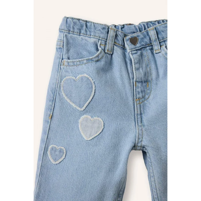 Defacto H0368A5NM39 Mavi Kalp Patchli Pamuklu Pantolon Kız Bebek