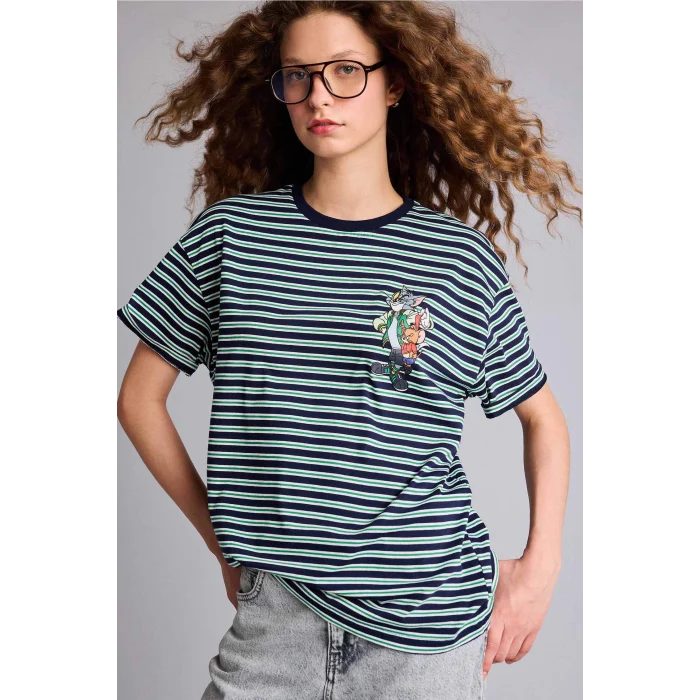 Defacto G0844AXNV105 Lacivert Tom & Jerry Oversıze Slogan Desenli Kısa Kollu Tişört