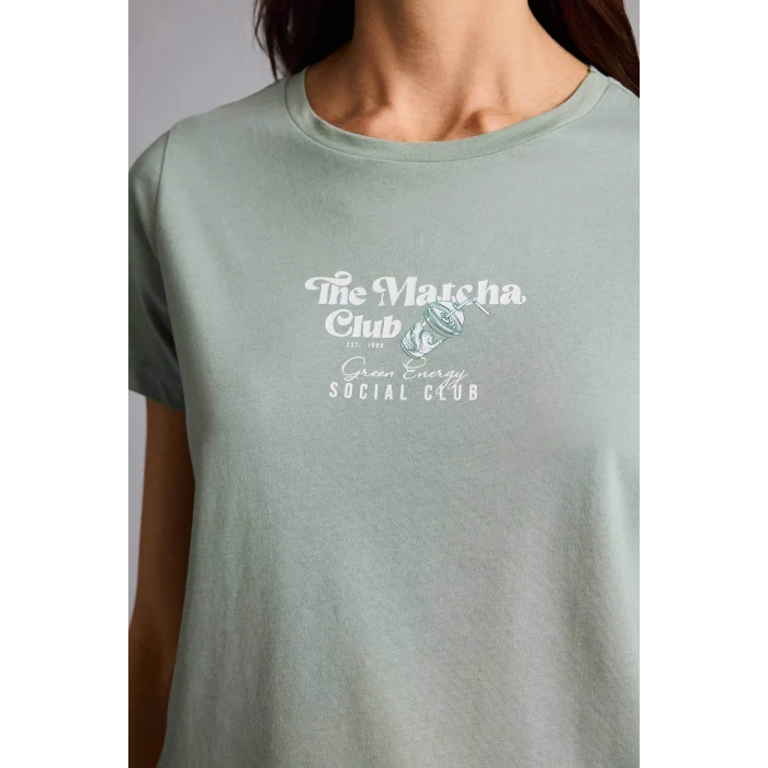 Defacto H1383AXKH434 Haki Regular Fıt Bisiklet Yaka Slogan Desenli Penye Kısa Kollu Tişört