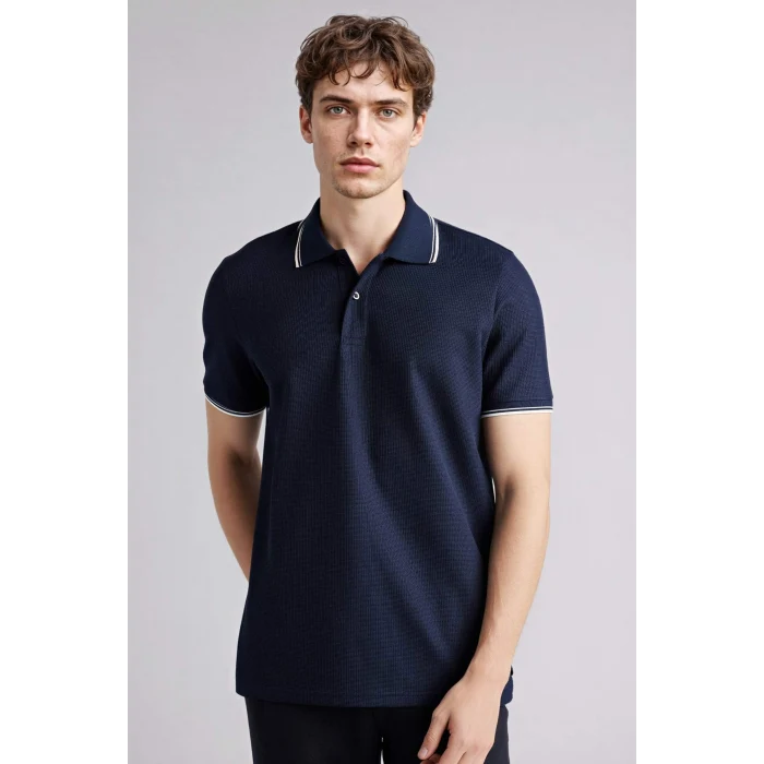 Defacto D7932AXNV241 Lacivert Regular Fıt Polo Yaka Waffle Kısa Kollu Polo Tişört