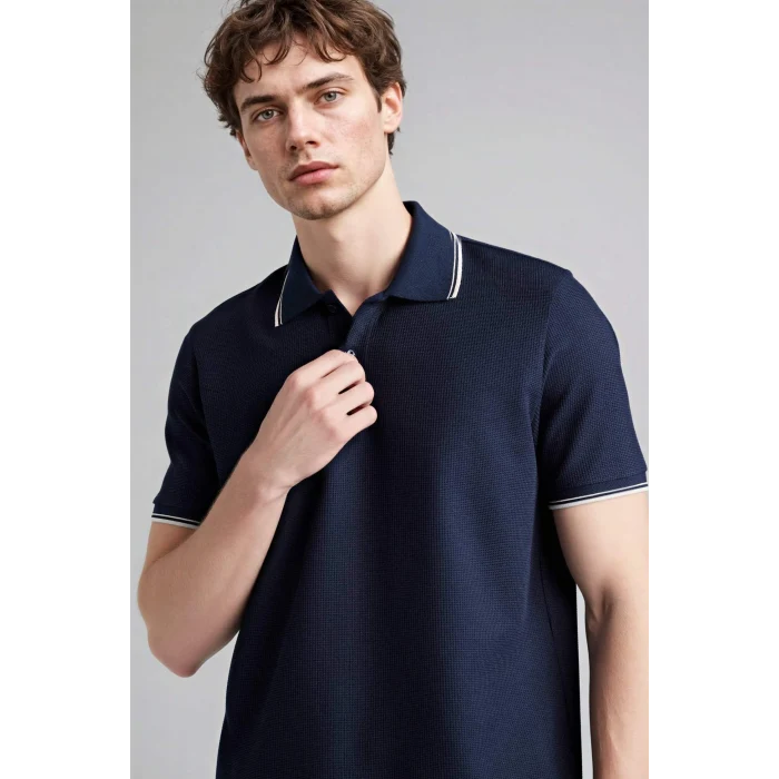 Defacto D7932AXNV241 Lacivert Regular Fıt Polo Yaka Waffle Kısa Kollu Polo Tişört