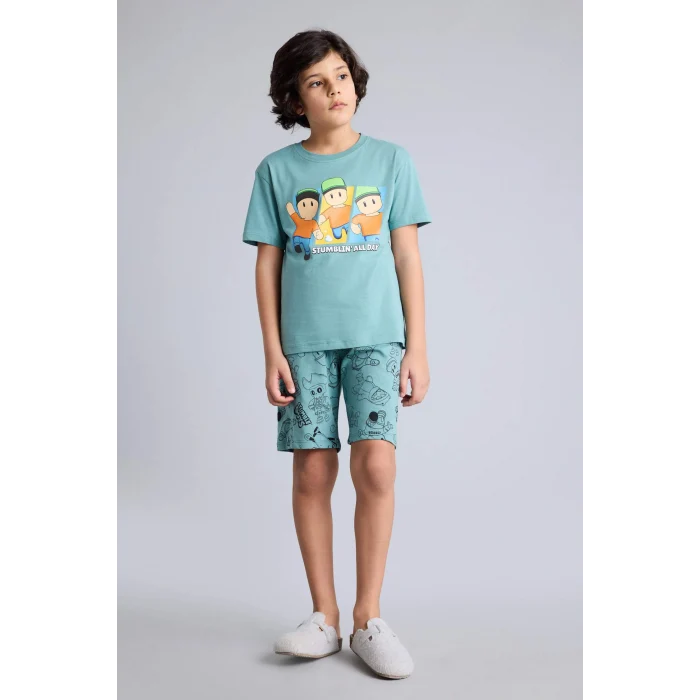 Defacto G9087A8GN1124 Yeşil %100 Pamuklu Stumble Guys 2li Pijama Takımı Erkek Çocuk
