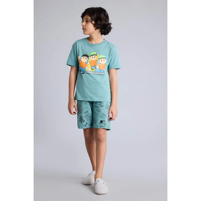 Defacto G9087A8GN1124 Yeşil %100 Pamuklu Stumble Guys 2li Pijama Takımı Erkek Çocuk