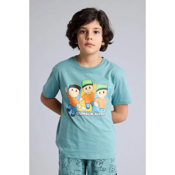 Defacto G9087A8GN1124 Yeşil %100 Pamuklu Stumble Guys 2li Pijama Takımı Erkek Çocuk