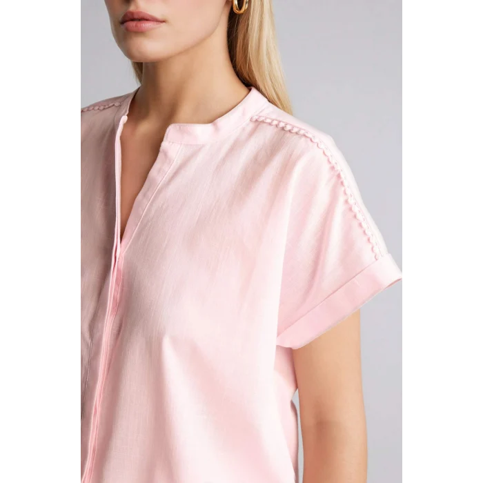 Defacto H1357AXPN74 Pembe Regular Fıt Bisiklet Yaka Flamlı Pamuk Kısa Kollu Gömlek