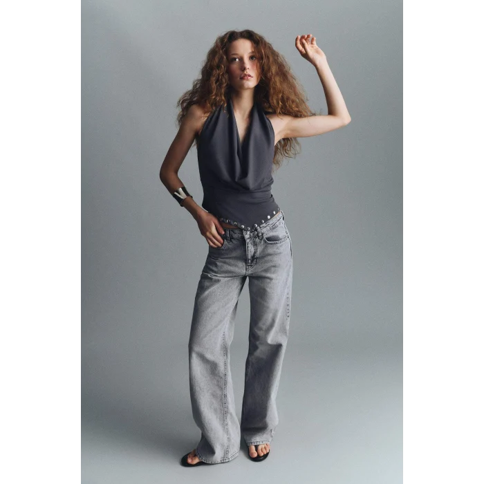 Defacto G8850AXNM55 Gri %100 Pamuk Straıght Wıde Yüksek Bel Jean Pantolon