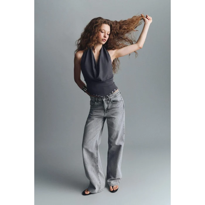 Defacto G8850AXNM55 Gri %100 Pamuk Straıght Wıde Yüksek Bel Jean Pantolon