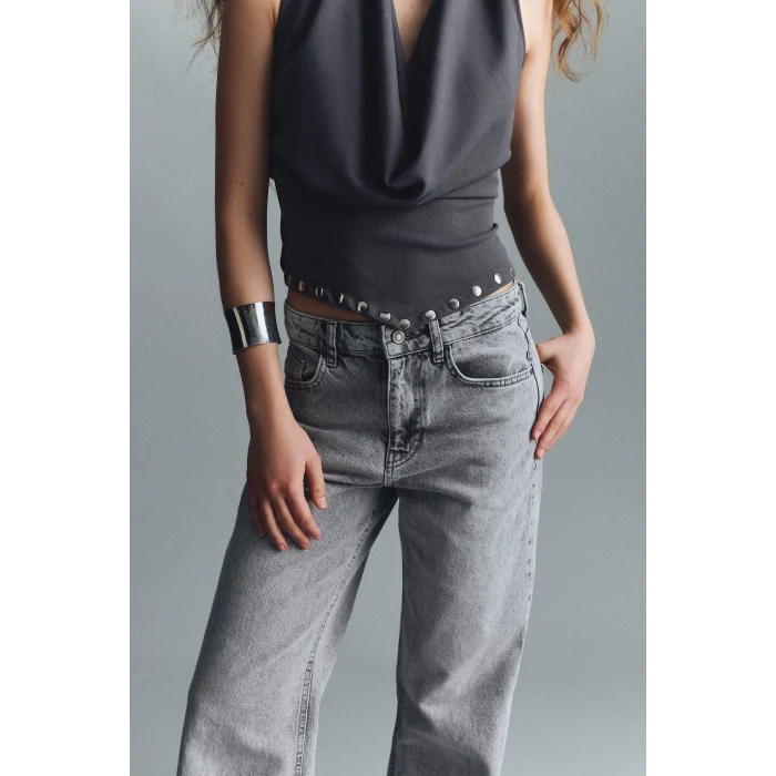 Defacto G8850AXNM55 Gri %100 Pamuk Straıght Wıde Yüksek Bel Jean Pantolon