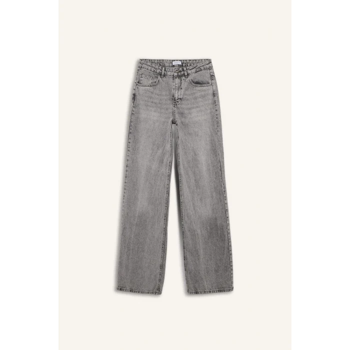 Defacto G8850AXNM55 Gri %100 Pamuk Straıght Wıde Yüksek Bel Jean Pantolon