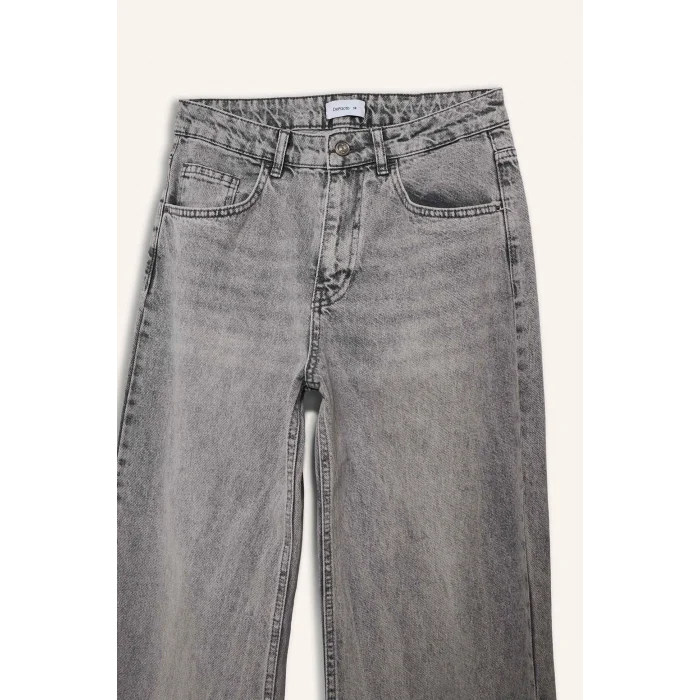 Defacto G8850AXNM55 Gri %100 Pamuk Straıght Wıde Yüksek Bel Jean Pantolon