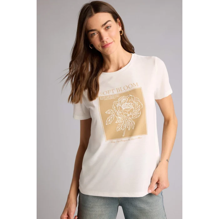 Defacto H2356AXER105 Ekru Regular Fıt Bisiklet Yaka Çiçekli Kısa Kollu Tişört