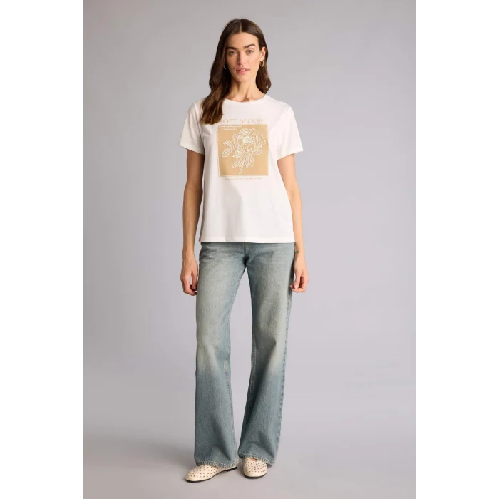 Defacto H2356AXER105 Ekru Regular Fıt Bisiklet Yaka Çiçekli Kısa Kollu Tişört