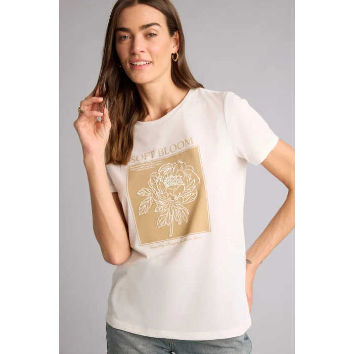 Defacto H2356AXER105 Ekru Regular Fıt Bisiklet Yaka Çiçekli Kısa Kollu Tişört