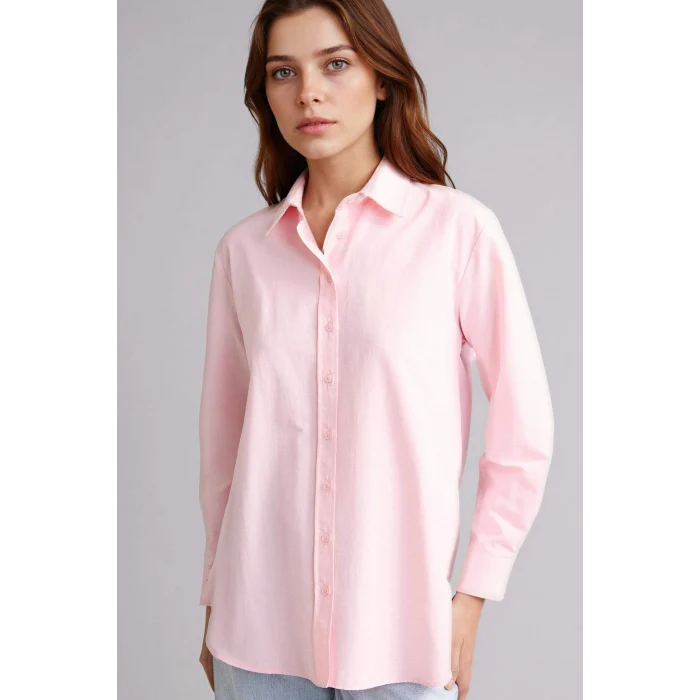 Defacto D7341AXPN186 Pembe Relax Fıt Gömlek Yaka Poplin Tunik