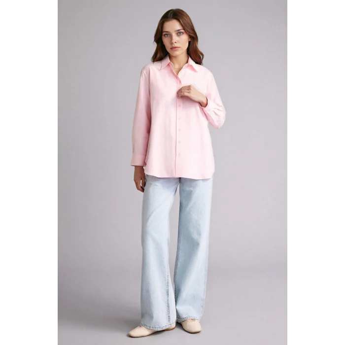 Defacto D7341AXPN186 Pembe Relax Fıt Gömlek Yaka Poplin Tunik