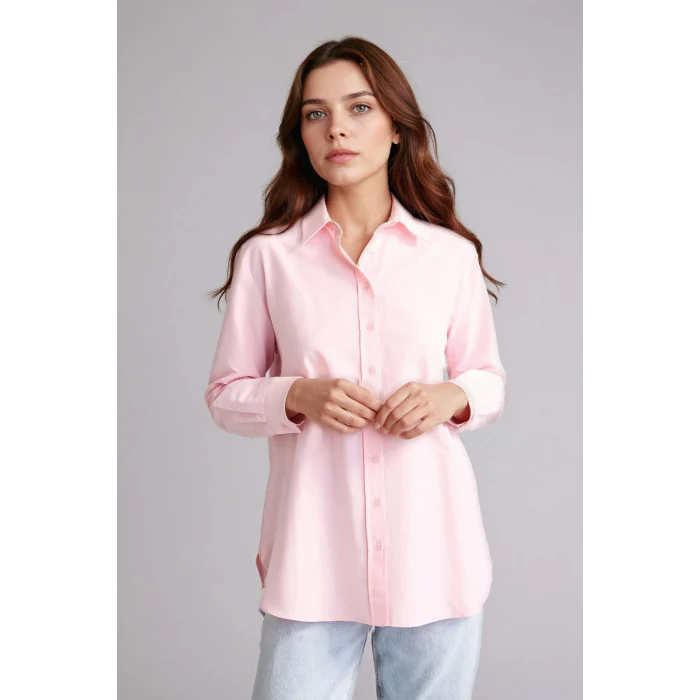 Defacto D7341AXPN186 Pembe Relax Fıt Gömlek Yaka Poplin Tunik