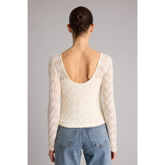 Defacto G1743AXER138 Ekru Fıtted Kayık Yaka Dantel Bluz