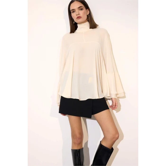 Defacto G8612AXER83 Ekru Fashıon Fıt Dik Yaka Krep Uzun Kollu Bluz