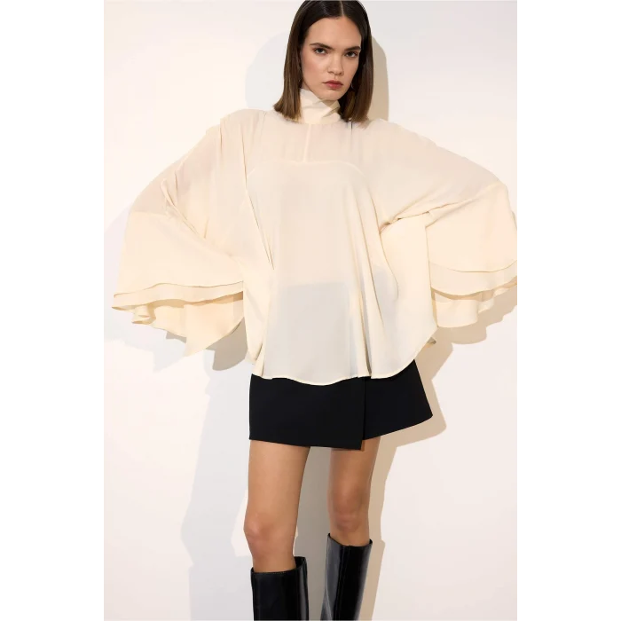 Defacto G8612AXER83 Ekru Fashıon Fıt Dik Yaka Krep Uzun Kollu Bluz