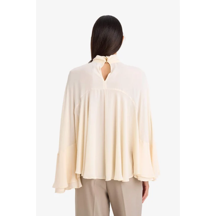 Defacto G8612AXER83 Ekru Fashıon Fıt Dik Yaka Krep Uzun Kollu Bluz