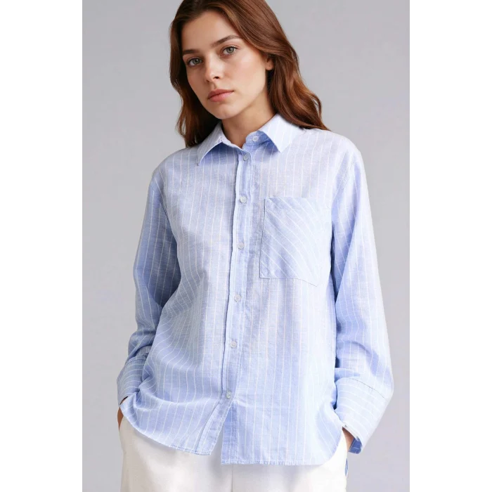 Defacto F6314AXBE194 Mavi Relax Fıt Çizgili Flamlı Pamuk Tunik