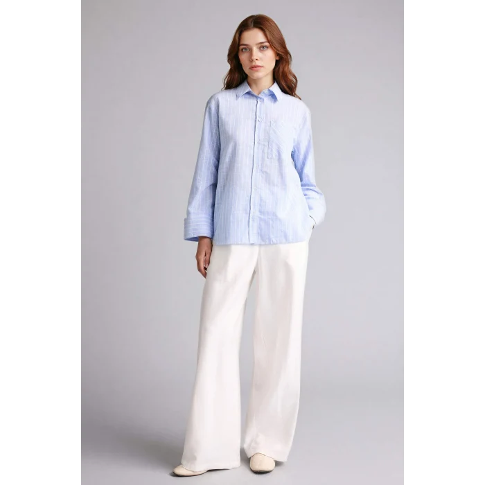 Defacto F6314AXBE194 Mavi Relax Fıt Çizgili Flamlı Pamuk Tunik